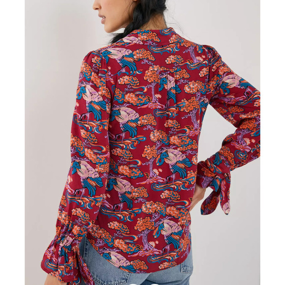 Anthropologie Maeve Darla Button Down Bird Floral Top SZ6 Multi Color Burgundy - Picture 2 of 10